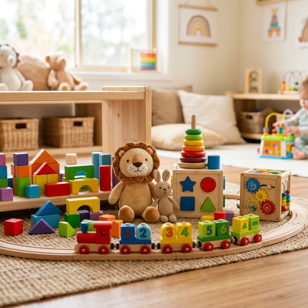 Various age-appropriate educational toys and building blocks